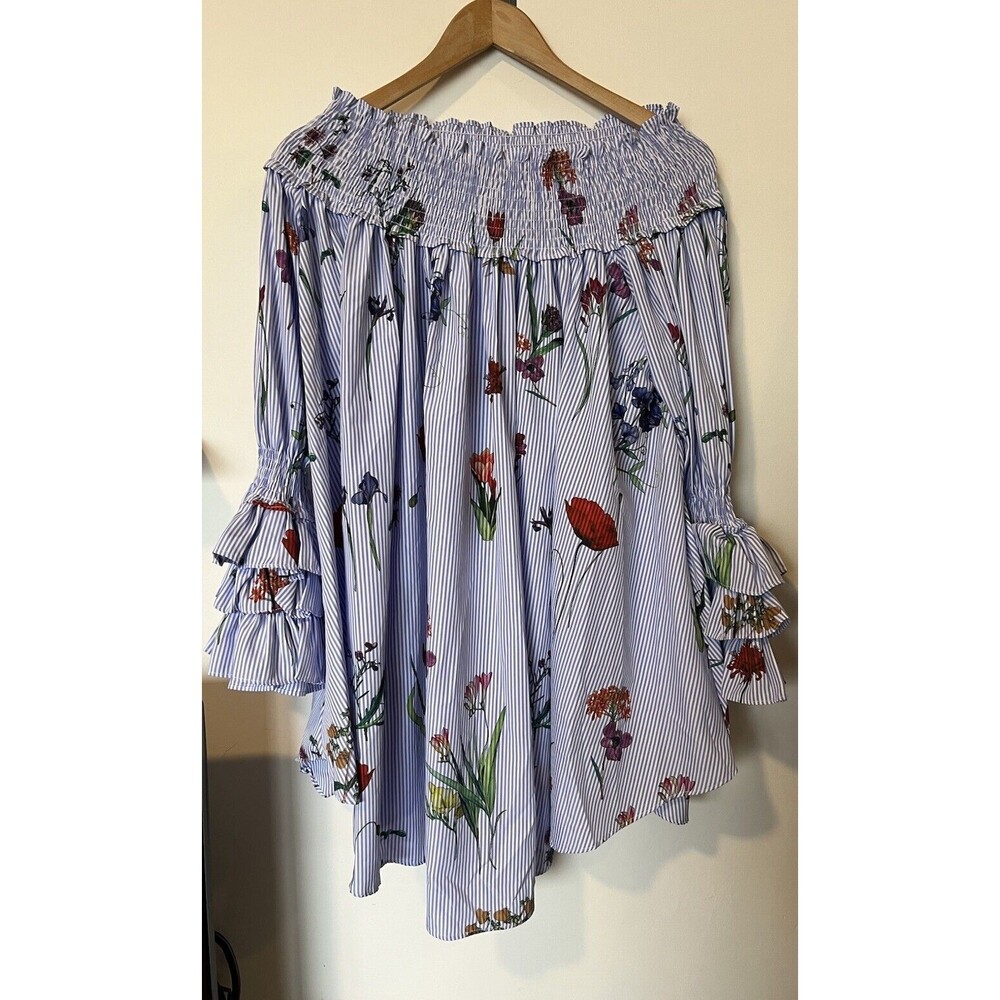 NWT Gracia Blue Stripe Floral Print Tiered Ruffle Sleeve Shirred Mini Dr…